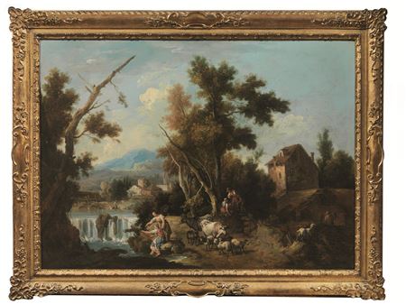 PAESAGGIO BOSCOSO CON CONTADINI E CASE IN LONTANANZA & PAESAGGIO FLUVIALE CON GIOVANE PESCATRICE E ANIMALI (2)