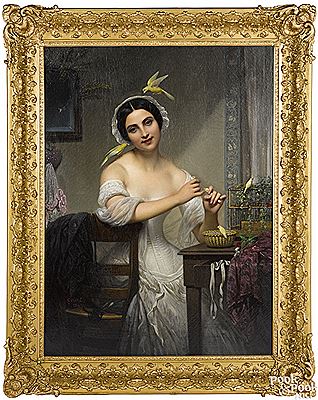 Portrait of a woman at her dressing table with her canaries