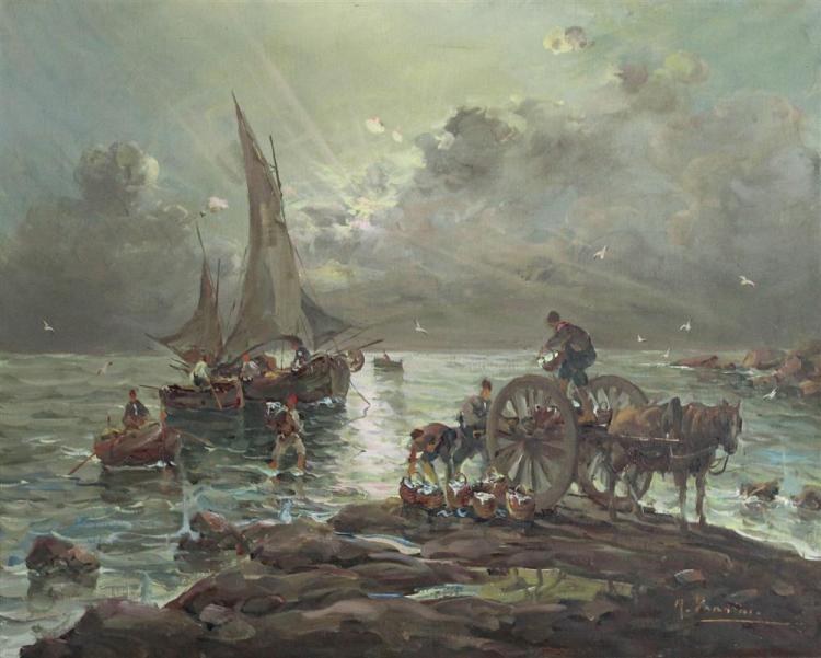 FISHERMEN ON THE SHORE LOADING THEIR CATCH