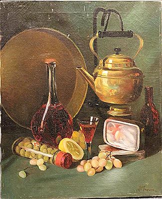 STILL LIFE KETTLE, OLIVES AND GRAPES