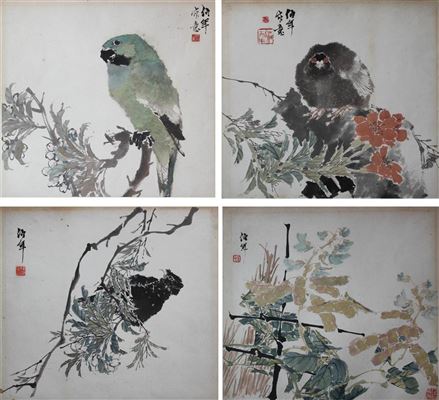 PIGEON, PARROT, BLACKBIRD AND GRASSHOPPER WITH SNOW PEAS (4)