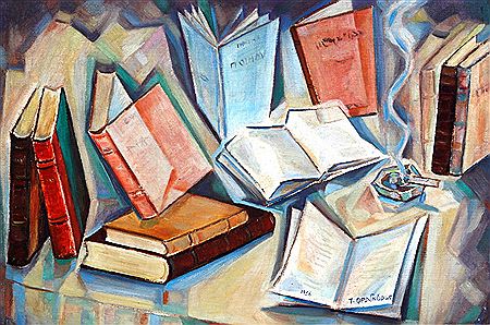 Books and island landscape