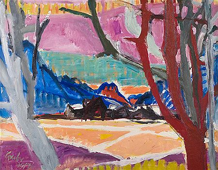 Landschaft mit Häusern vor Gebirgspanorama, 1975/76