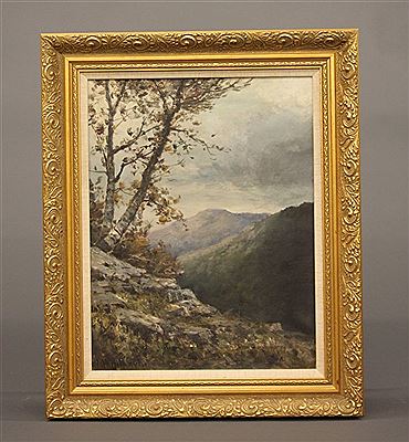 Landscape scene of a tree on a bluff with mountains in the background