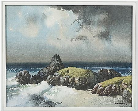 Rocky shoreline seascape with stormy skies