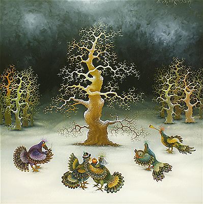 Winterlandschaft mit musizierenden Truthähnen