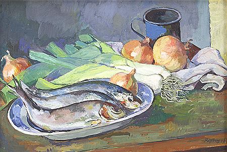 Stillleben mit Fischen, Zwiebeln und Lauch