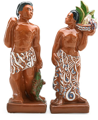 Figures of a Polynesian fisherman and woman