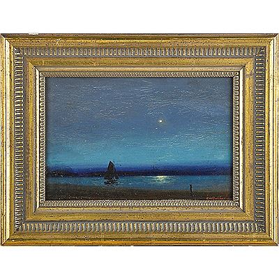 Starlit seascape with sailboat, 1916