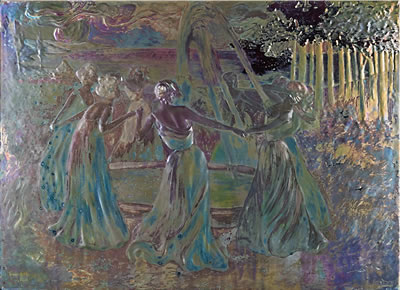 Massive plaque decorated in relief with maidens dancing around a fountain