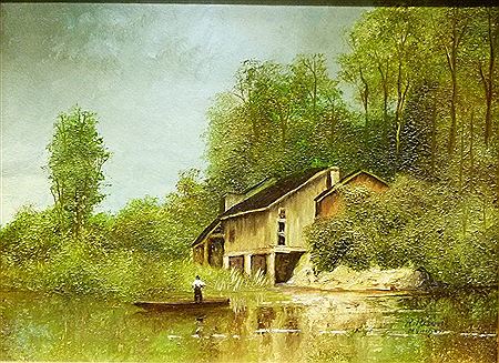 "Sommerlandschaft: Bauernkate am Fluss"