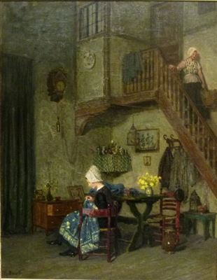 "Stille Stunden", holländische Interieurszene, Mädchen bei der Hausarbeit