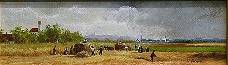 Dorflandschaft mit zahlreichen Bauern bei der Heuernte