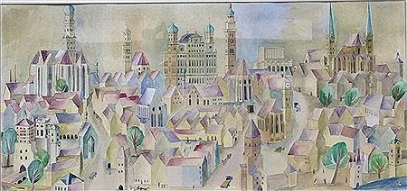 Surreale Stadtansicht von Augsburg mit Rathaus, Perlach, Dom, usw
