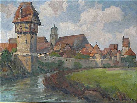 Sommerlicher Blick auf die Stadt Dinkelsbühl mit Stadtmauer und Wassergraben