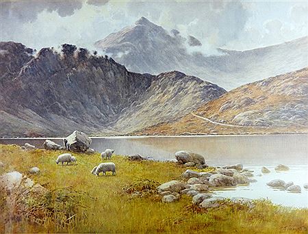 Nowdon and Llyn Idwal with sheep and lambs grazing by the lake by Warren Williams - Auction record, sale price, and art valuation. Compare with similar artists and explore comparable artworks.