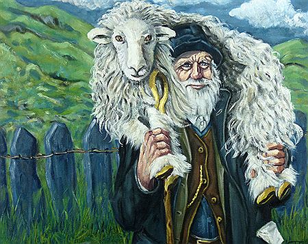 Shepherd carrying a sheep on his back with crook in hand by a slate fence