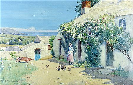 Fine Anglesey coastal scene with flower bedecked farm cottage and buildings with woman at doorway feeding poultry