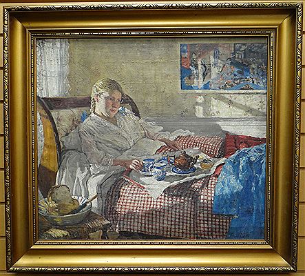 Young lady in night-dress reclining in bed with breakfast tray by Fairlie Harmar - Auction record, sale price, and art valuation. Compare with similar artists and explore comparable artworks.