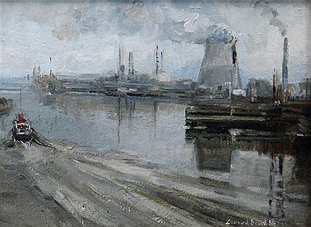 Industrial plant with smoking chimneys beside river with boat