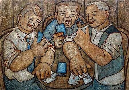 Card Players, Three jolly figures enjoying a smoke and a game of cards