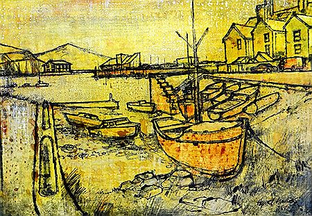View of Aberystwyth harbour with moored fishing boats