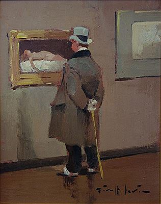 Well dressed man in a museum gallery observing a painting of a female nude