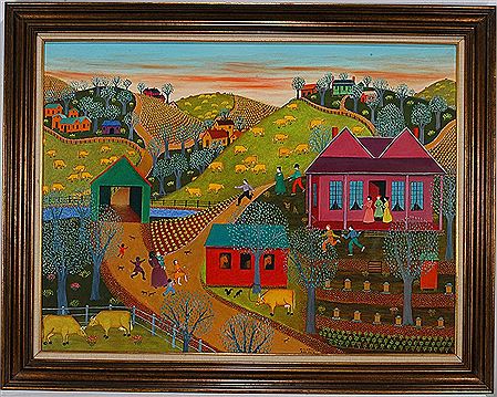 Sample artwork by Mattie Lou O'Kelley (1908 - 1997), known for pointillist folk art image painting, landscape, farmlife, animals, figures and portraits - View similar artists and auction records