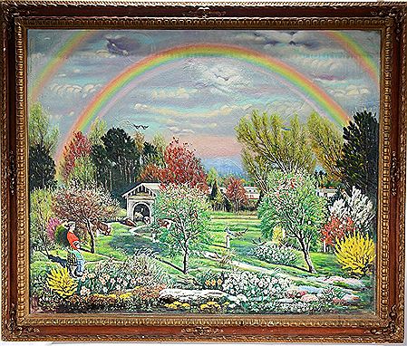 Double Rainbow Over Woman With Child In Cow Pasture