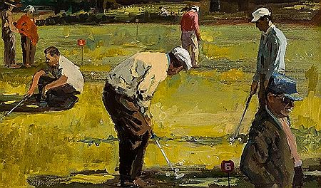 "Professional Golfers on Putting Practice Green" by Ken Cowhey - Auction record, sale price, and art valuation. Compare with similar artists and explore comparable artworks.