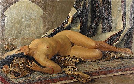 "Weiblicher Akt auf einem Leopardenfell liegend"