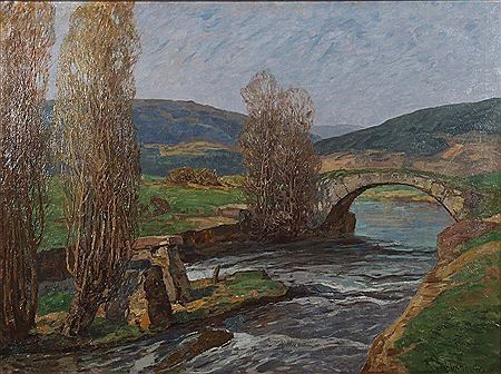 "Alblandschaft mit steinerner Bogenbrücke über dem Fluss", im Gewässer eine kleine Insel mit Steinen, im Hintergrund ansteigende Berge