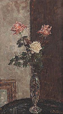 "Stillleben mit Rosen", in einer Vase auf dem Tisch drapiert, in zwei Flächen aufgeteilter Hintergrund mit angelehntem Bilderrahmen