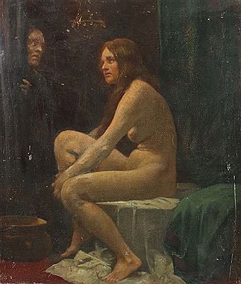 "Bathseba im Bade", Interieurszene mit sitzendem Damenakt, beobachtet durch einen Alten im linken Hintergrund by Rudolf Yelin - Auction record, sale price, and art valuation. Compare with similar artists and explore comparable artworks.