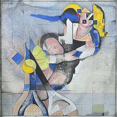 "Tennisspielerin", geometrisch abstrahierte Darstellung der blonden Sportlerin mit Schläger und Ball