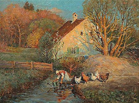 "Maid with chickens", in front of the court, while filling the watering can by Emmy Buchka-Lenbach - Auction record, sale price, and art valuation. Compare with similar artists and explore comparable artworks.