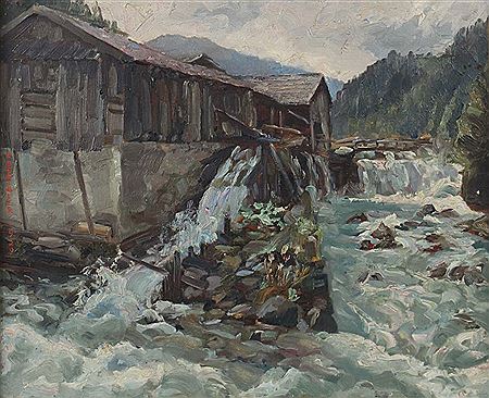 "Sägemühle bei Steinecht", in Tirol, idyllische Darstellung an einem Sommertag