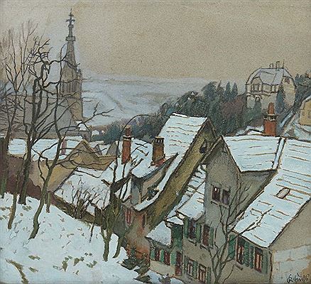 "Esslingen im Winter", der Blick vom Haus Fuchs, rechts hinten das Haus Oskar Braun