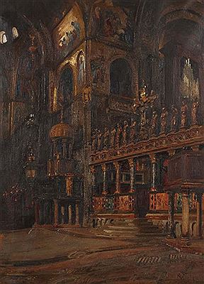 "Kircheninneres der Markuskirche in Venedig", seitlicher Blick auf den Altarraum und die Ambonen