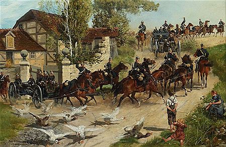 "Die preußische Kavallerie zieht aus dem Dorf", uniformierte und bewaffnete Reiter und Gespanne mit Kanonen auf einem Weg zum freien Feld, der Infanterie dort entgegen, im Vordergrund drei die Szene beobachtende Kinder und flüchtende Gänse