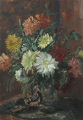 "Stillleben mit Chrysanthemen in blautoniger Vase", auf dunklem Tuch arrangiert