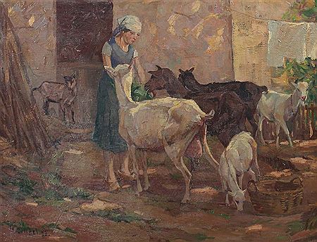 "Magd mit Ziegen", vor der Stallung, rechts aufgehängte Wäsche über Bauerngarten
