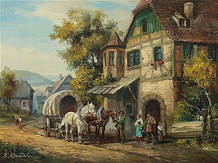 "Planwagen vor Fachwerkhaus", in einem Dorfidyll