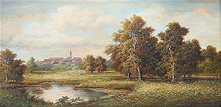 "Teich im Frühling", Blick über blühende Wiese und Teich auf ein Dorf