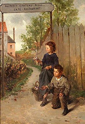 Pair of children selling flowers in front of a Restaurant