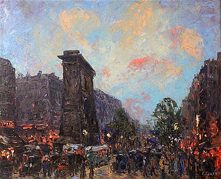 Busy Parisian boulevard at sunset