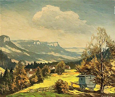 Upper Schlichemtal near Balingen with Lochen. A shepherd cart is in the foreground by August Munding - Auction record, sale price, and art valuation. Compare with similar artists and explore comparable artworks.