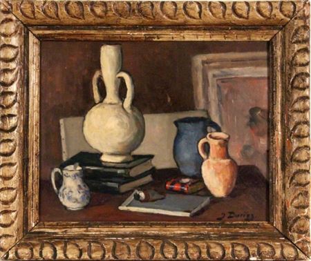 Still life of books and tankards