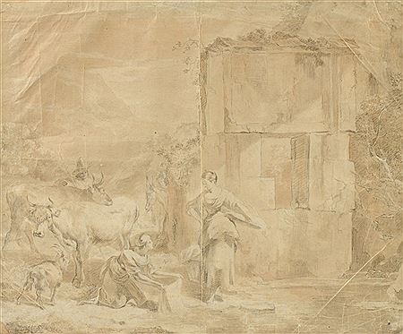 Two Wash Maidens Conversing in a Bucolic Setting