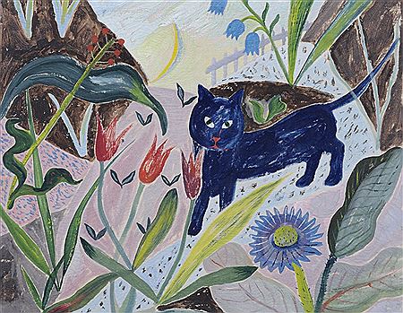 Fruehling im Garten mit blauer Katze. Um 1929